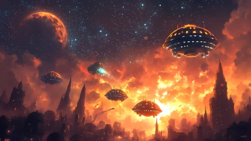 Digital painting of fiery alien invasion above dystopian city.