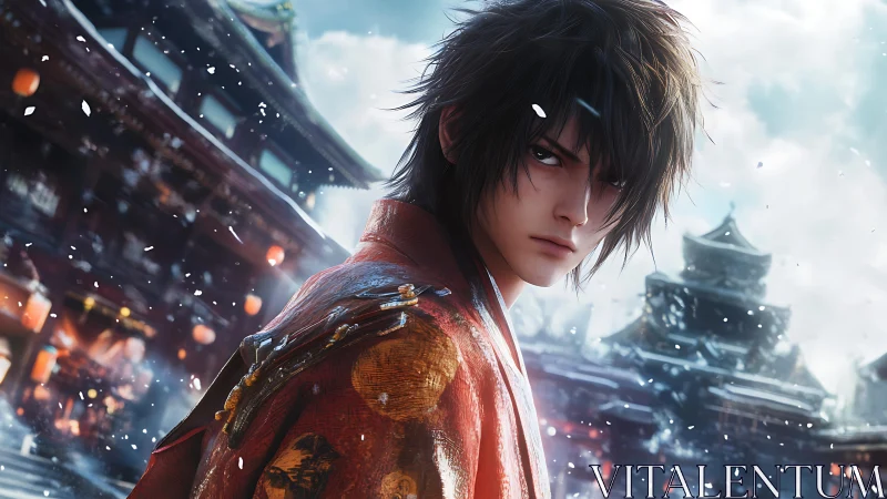 Brooding anime samurai in snowy temple courtyard scene.