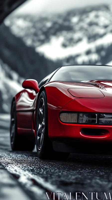 Red sports coupe cuts through wet alpine mountain pass.