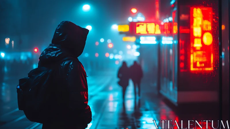 Hooded figure stands on wet city street at night