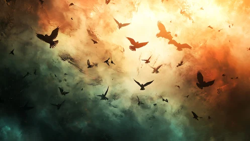 Silhouetted birds crossing a dramatic divided sky.