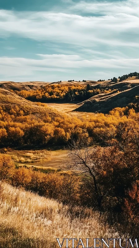 Golden autumn hills roll gently beneath a calm blue sky