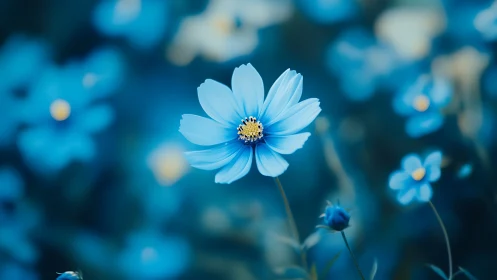 Light blue cosmos flower in selective focus field composition
