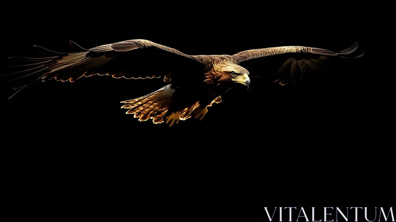 Majestic golden eagle in flight against dramatic black background.