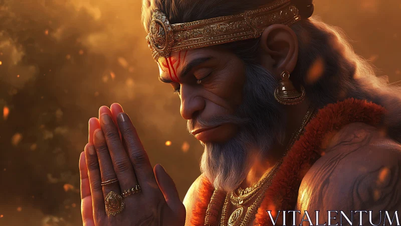 Golden light surrounds a serene praying deity in quiet focus