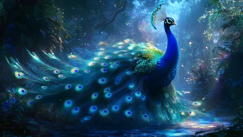 Iridescent peacock display in bioluminescent forest clearing
