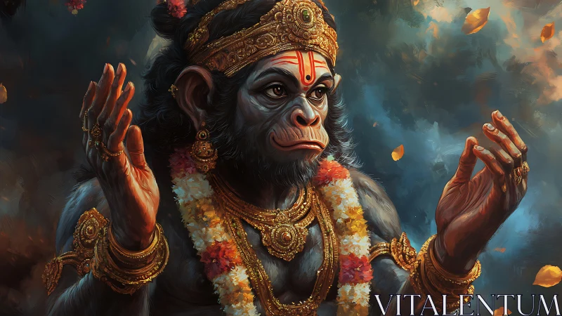 Radiant monkey deity in golden garlands and soft swirling light.