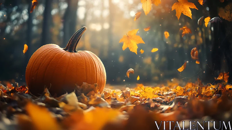 Pumpkin rests on forest floor under swirling autumn leaves