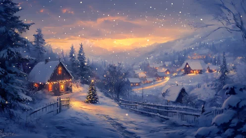 Snow-covered village at dusk with illuminated cottages and trees.