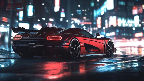 Neon drenched supercar idling on slick cyberpunk street.
