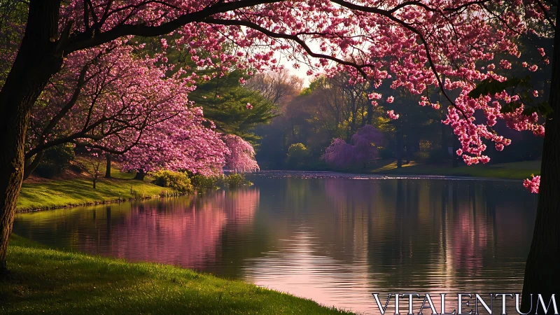 Blossom-draped riverside mirror under a hush of spring.