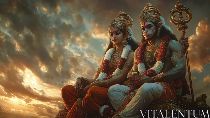 Golden sky honors divine figures seated in quiet devotion