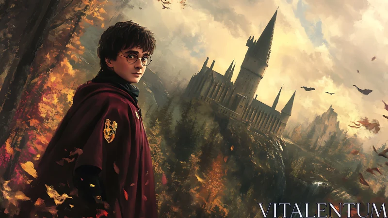 Golden autumn magic surrounds a young wizard by a castle