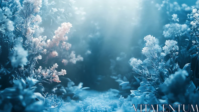 Lush blue-toned flower bed fills a misty, softly lit clearing