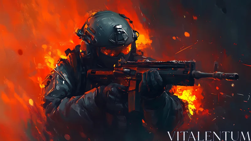 Tactical soldier advances through explosive firestorm.