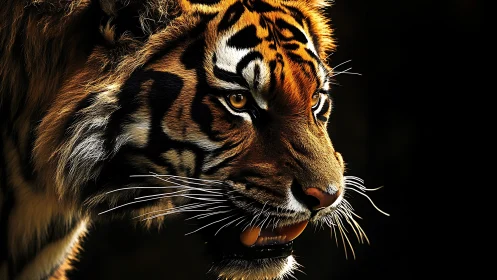 Photorealistic tiger profile in dramatic low-key lighting.