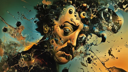 Fragmented humanoid face dissolves in liquid abstraction