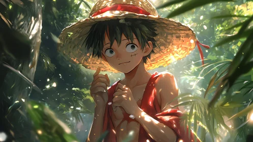 Shy straw-hatted adventurer bathed in soft jungle sunlight.