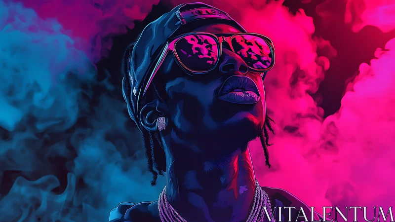 Digital portrait of man in neon haze with reflective glasses.