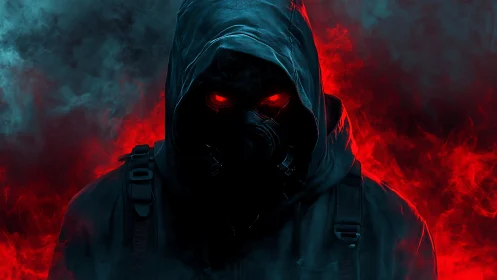 Hooded ember wraith stalking through neon red smokestorm.