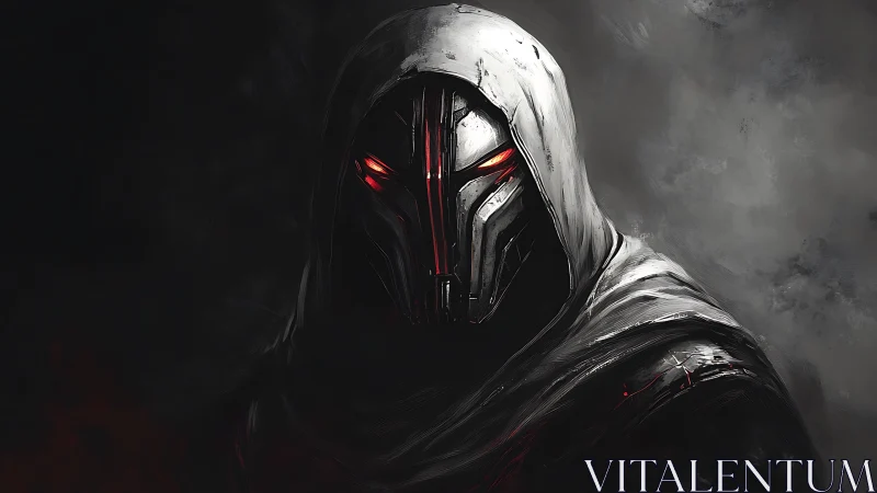 Hooded cybernetic warrior with red emissive visor in chiaroscuro