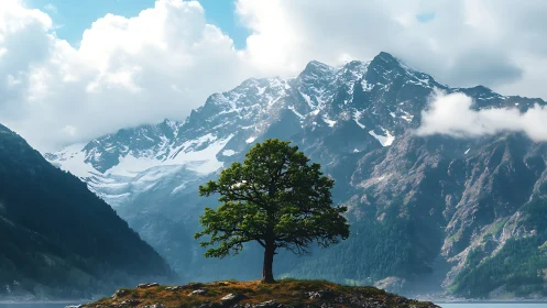 Solitary deciduous tree on islet before snowcapped mountains.