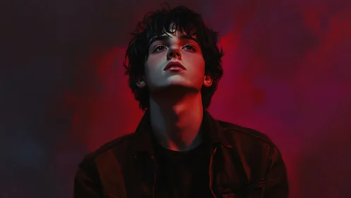 Brooding youth in crimson backlight, contemplative portrait.
