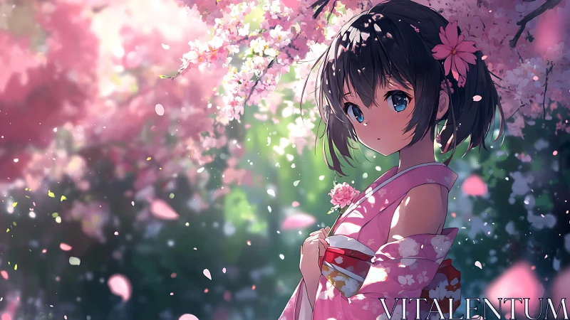 Girl in pink kimono under soft cherry blossoms at dusk.