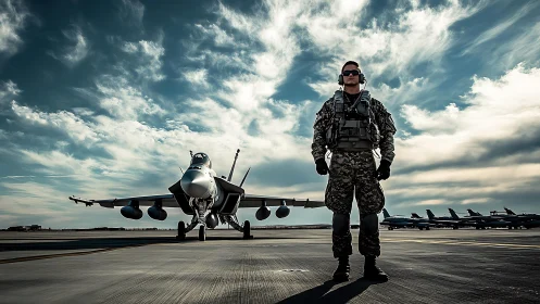 Runway guardian trades shadows with a waiting fighter jet