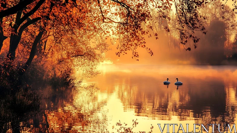 Tranquil autumn lake with swans at sunrise in golden light.