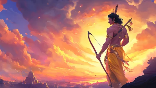 Warrior with bow stands over distant temples at sunset