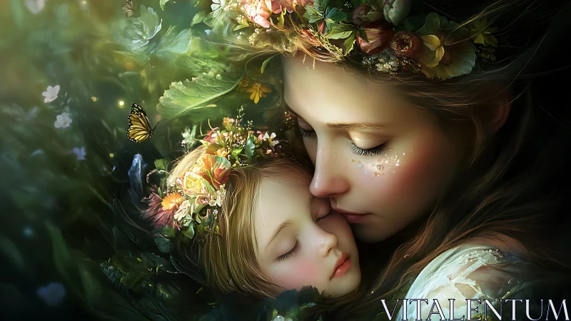 Mother and child rest in sunlit forest with floral crowns