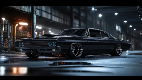 Black muscle car parked on wet urban street at night.