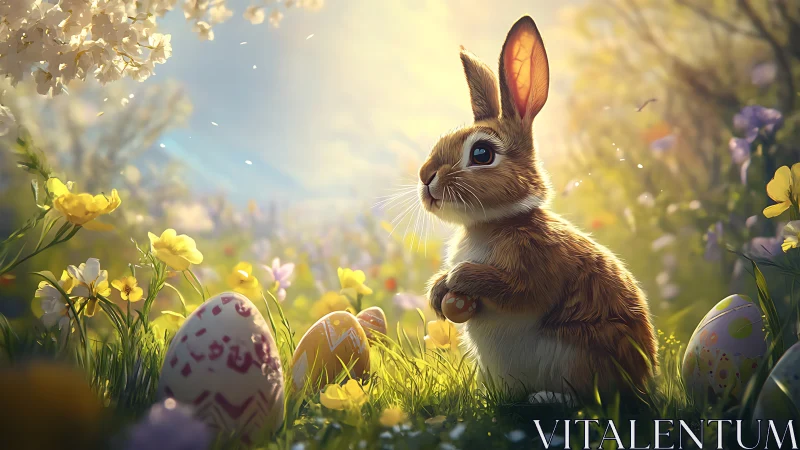 Sunlit bunny pauses among secret eggs in a glowing meadow