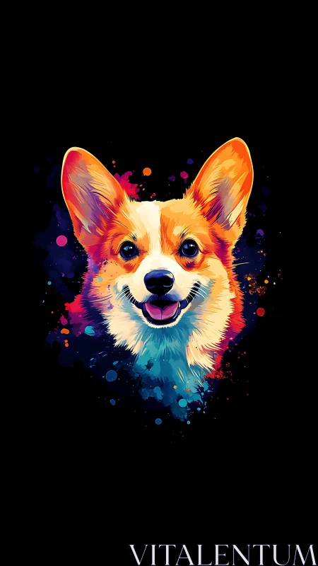 Vibrant corgi portrait rendered in neon splash pop art style