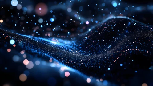 Abstract digital wave with glowing blue and pink particles, futuristic style.