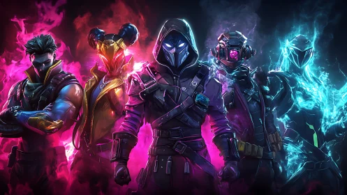 Neon cyber warriors stand in glowing vaporous energy storm.