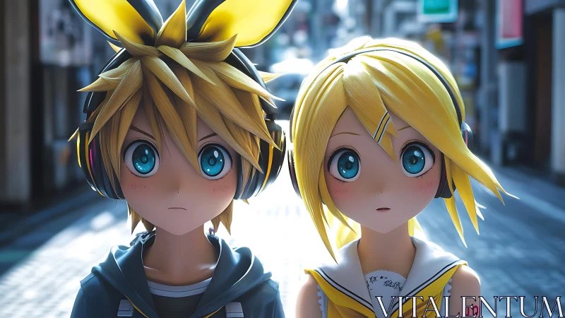 Anime twins with headphones in bright city street scene.