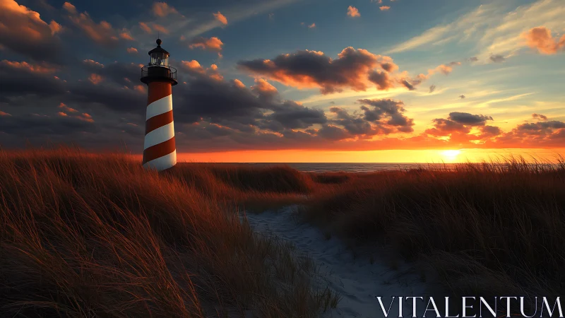 Striped lighthouse glows against a vivid coastal sunset sky.