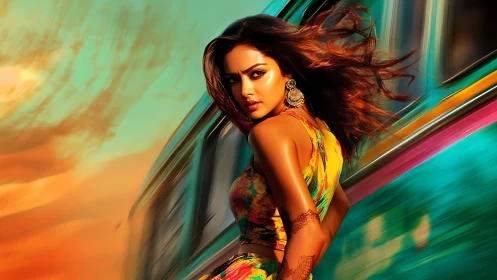 Vibrant woman in motion against a colorful speeding train.