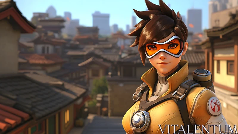 Time-sprinting heroine grins over sunlit tiled rooftops