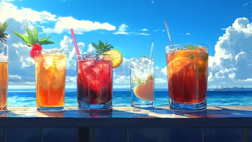 Chromatic cocktail lineup under hyperreal maritime sky.