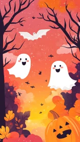Playful ghosts and bat in bright Halloween sunset sky.