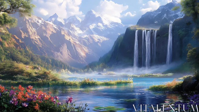 Waterfalls whisper sunrise secrets to snow crowned peaks