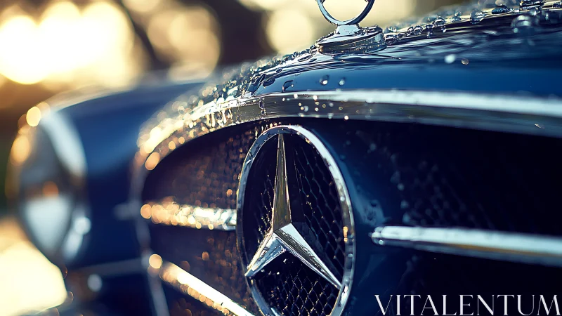 Macro close-up isolates chrome car emblem with shallow focus