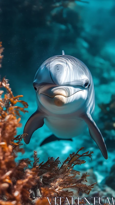 Curious dolphin glides through coral reef in clear teal water