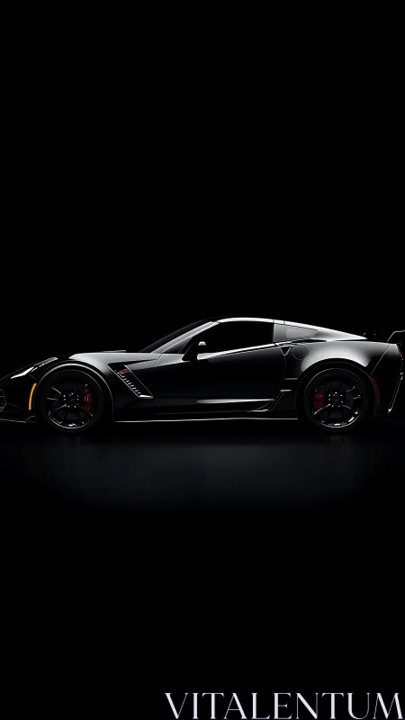 Side profile of black sports coupe on dark background.