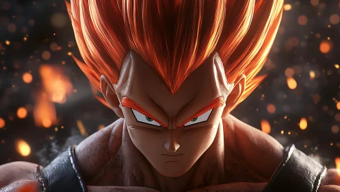 Close frontal render depicts stylized warrior with vivid hair