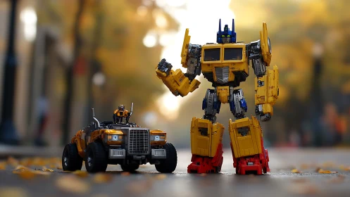 Friendly yellow robots sharing a playful city street moment.