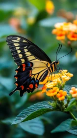 Swallowtail butterfly macro on lantana blooms in garden.